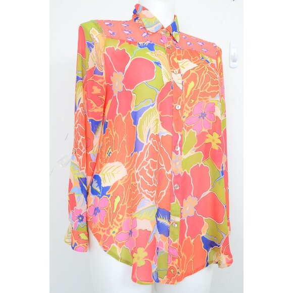 Fig & Flower Colorful Floral Feminine Button Long Sleeve Shirt Blouse Top XL - Picture 2 of 9
